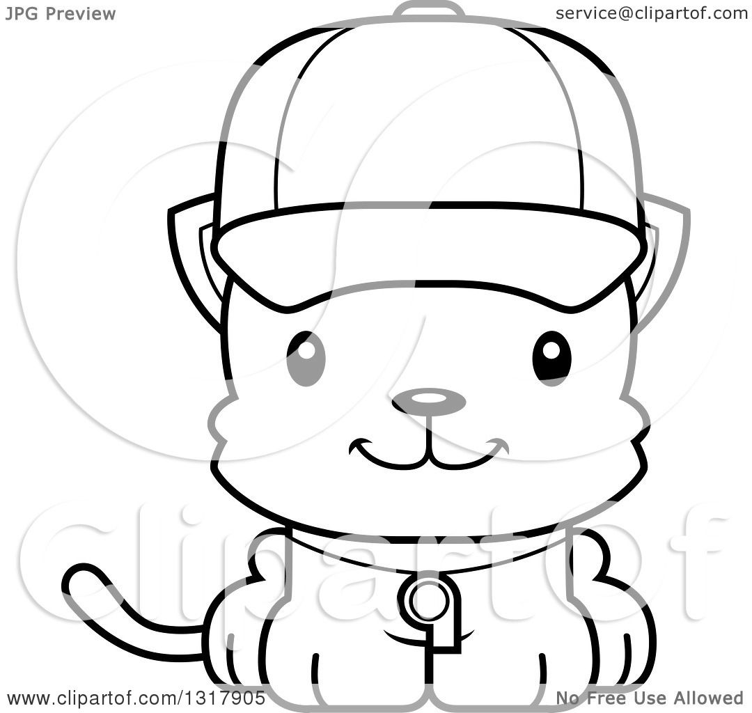 Animal Lineart Clipart of a Cartoon Black and White Cute Happy Kitten