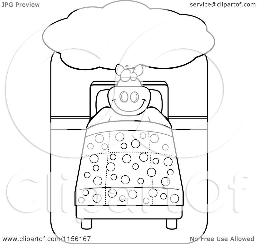 Cartoon Clipart Of A Black And White Big Pig Dreaming and Sleeping in ...