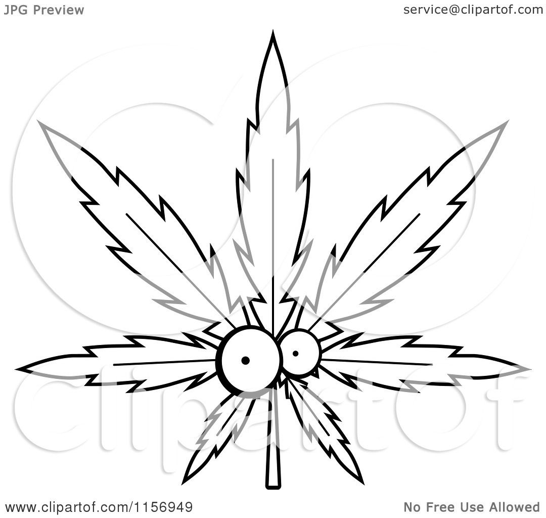 Cartoon Clipart Of A Black And White Cannabis Pot Leaf Character