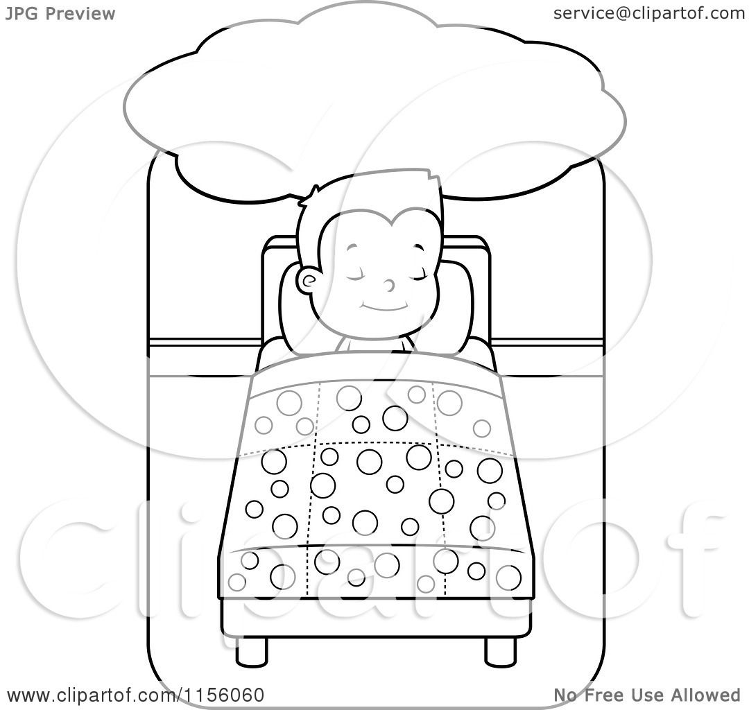 Clipart Of A Black And White Little Boy Dreaming and Sleeping in Bed ...