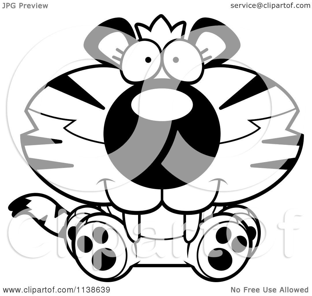 Cartoon Clipart Of An Outlined Cute Sitting Tiger Cub ...