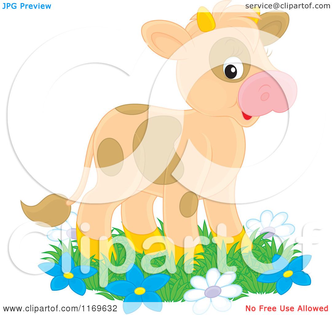 Cartoon Of A Cute Brown Spotted Calf Cow On Grass And