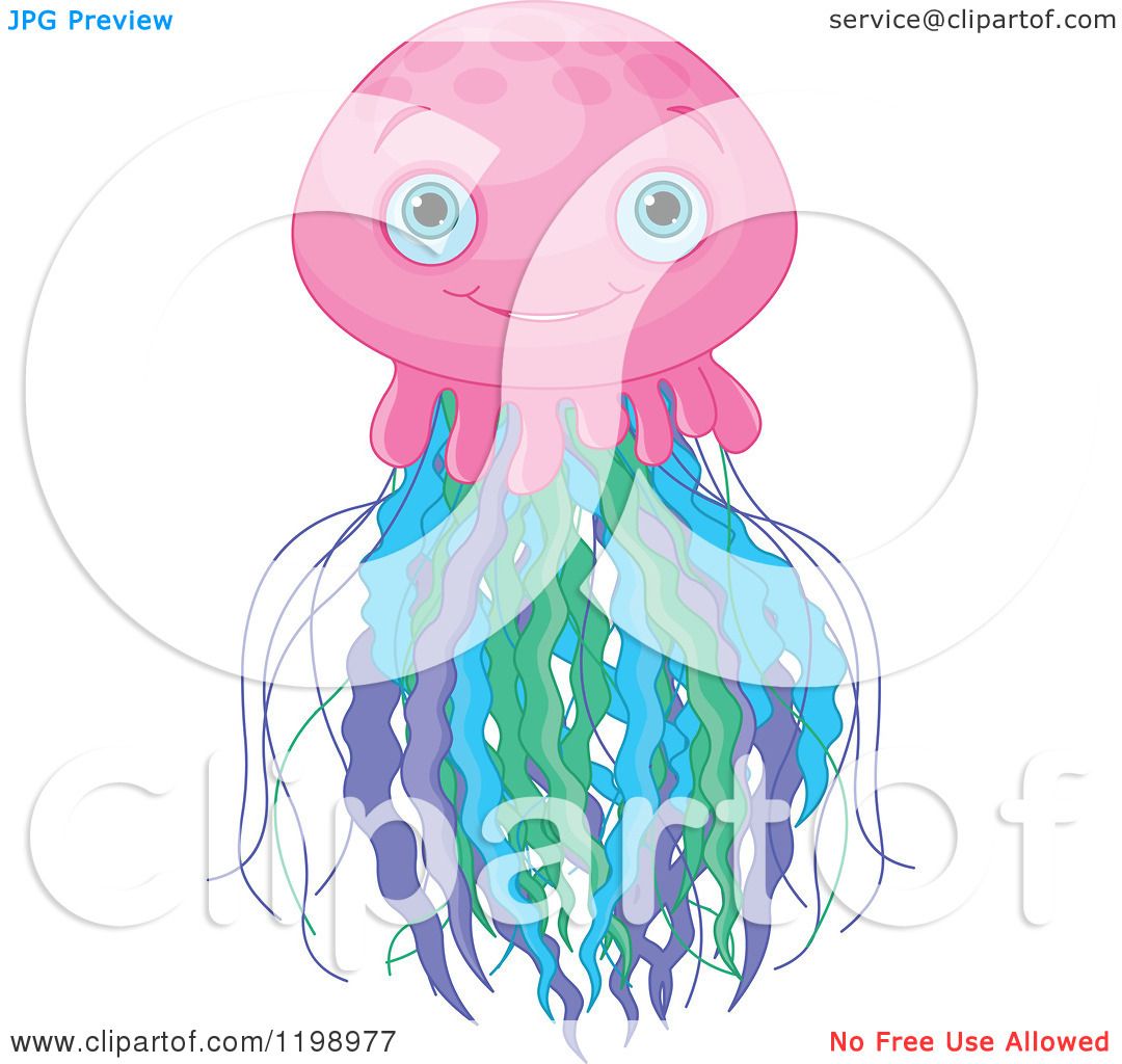 Cartoon of a Cute Pink Jellyfish with Colorful Tentatcles ...