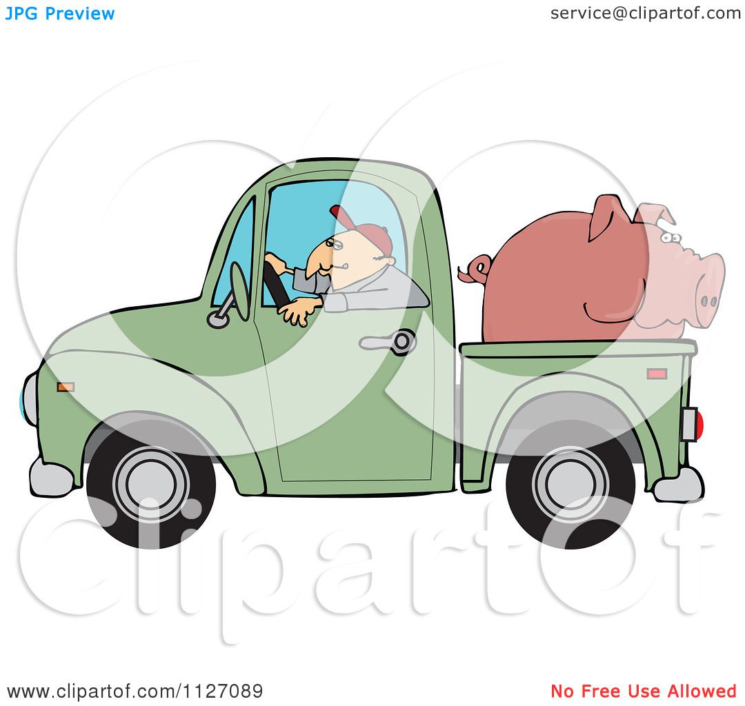 Cartoon Of A Farmer Driving A Truck With Pig In The Bed - Royalty Free ...