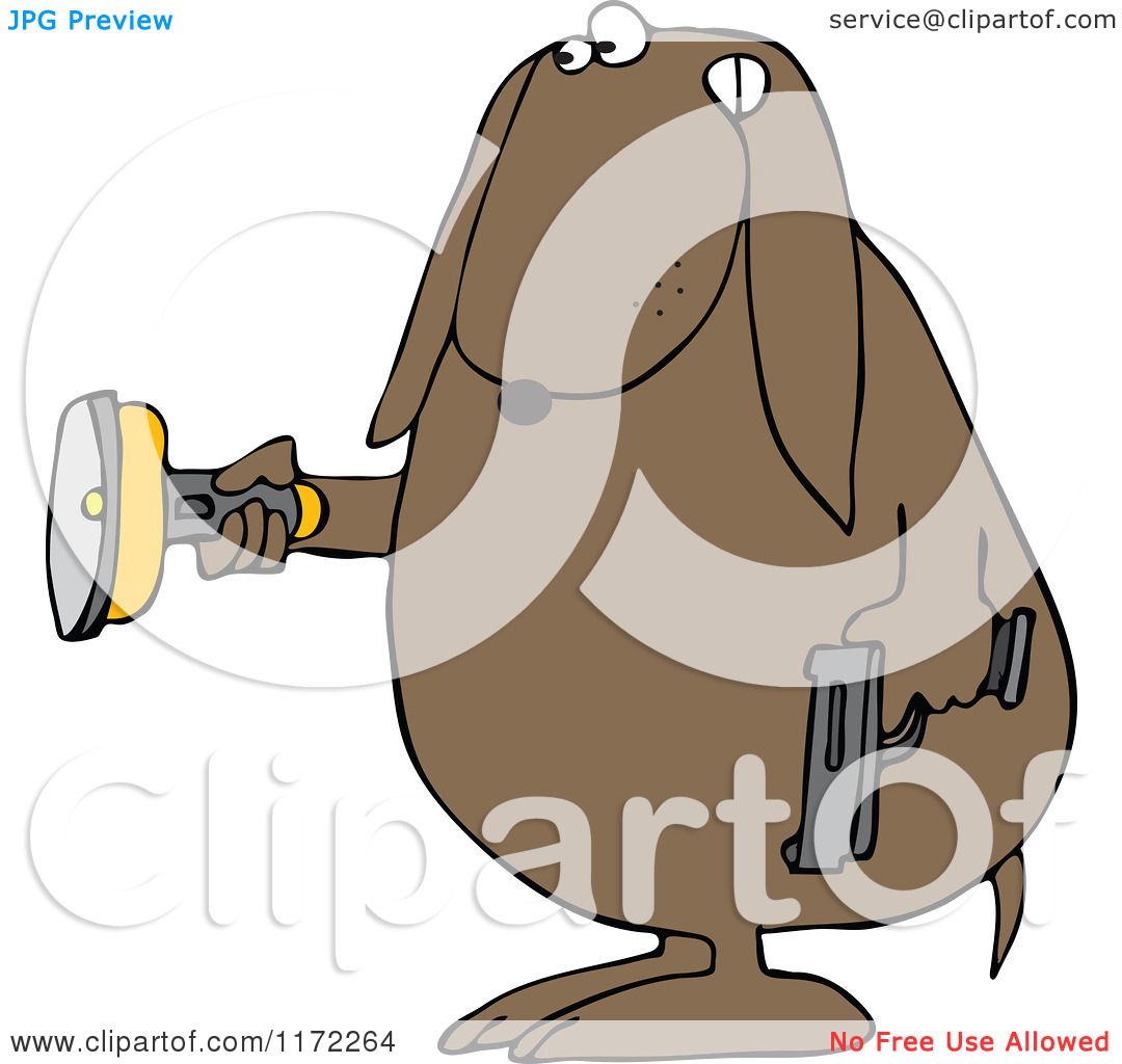 Cartoon of a Guard Dog Holding a Flashlight and Gun in the Dark