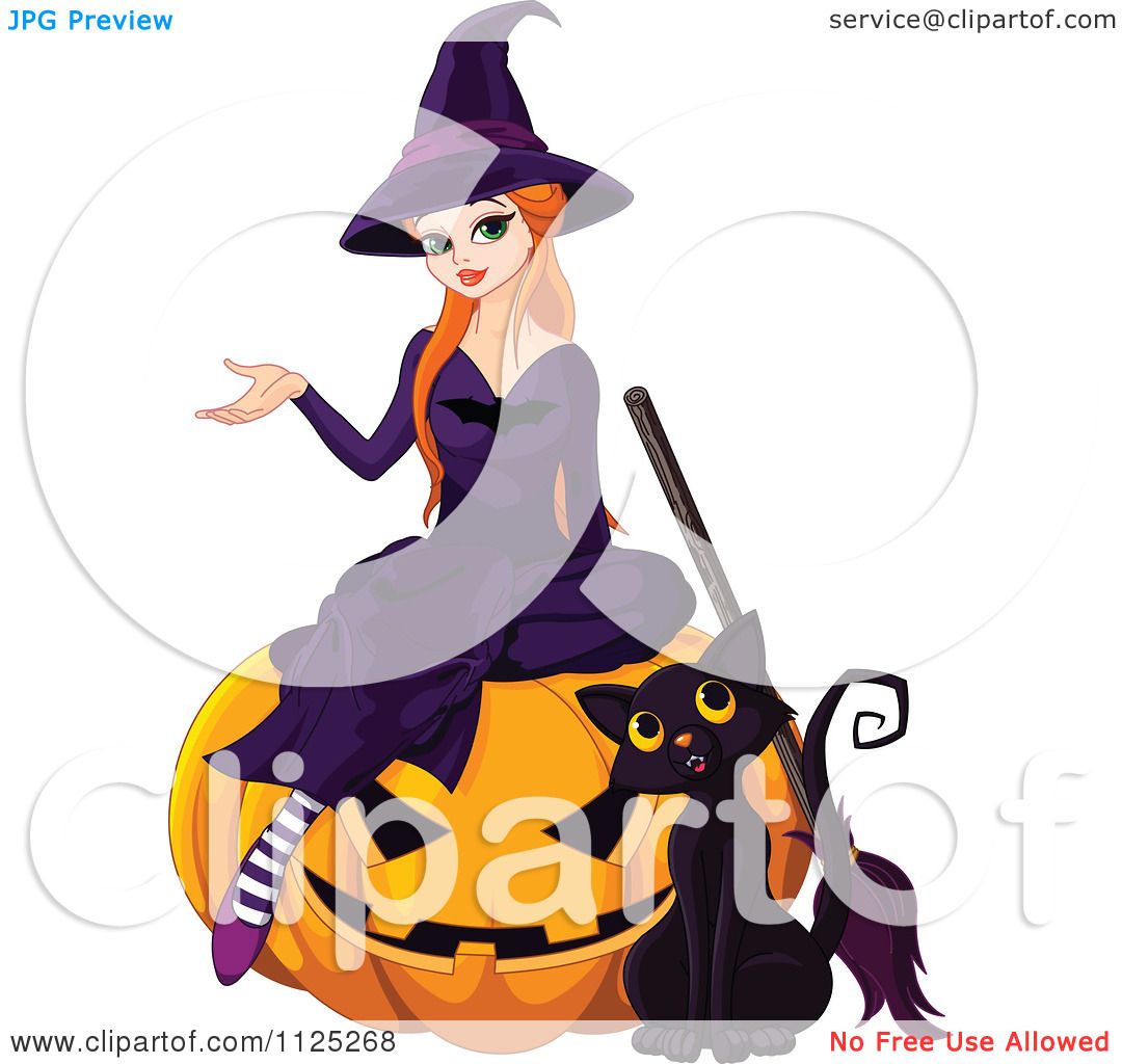 Cartoon Of A Halloween Witch And Her Cat On A Jackolantern ...