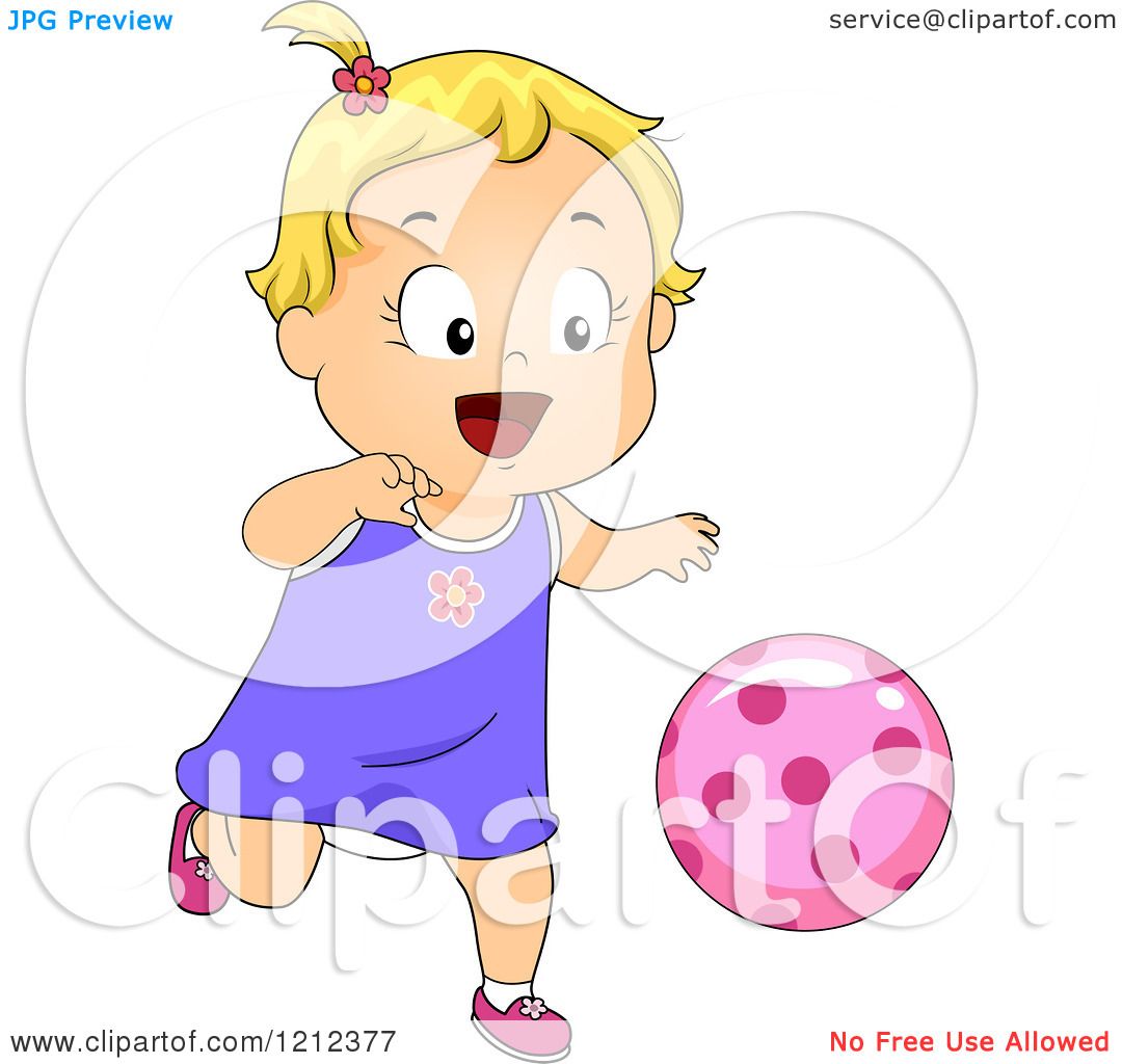 Cartoon of a Happy Blond Toddler Girl Chasing a Ball - Royalty Free