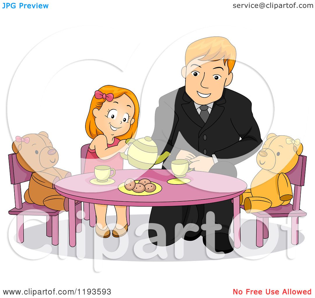 Cartoon Of A Happy Father Playing Tea Party With His Daughter Royalty Free Vector Clipart By
