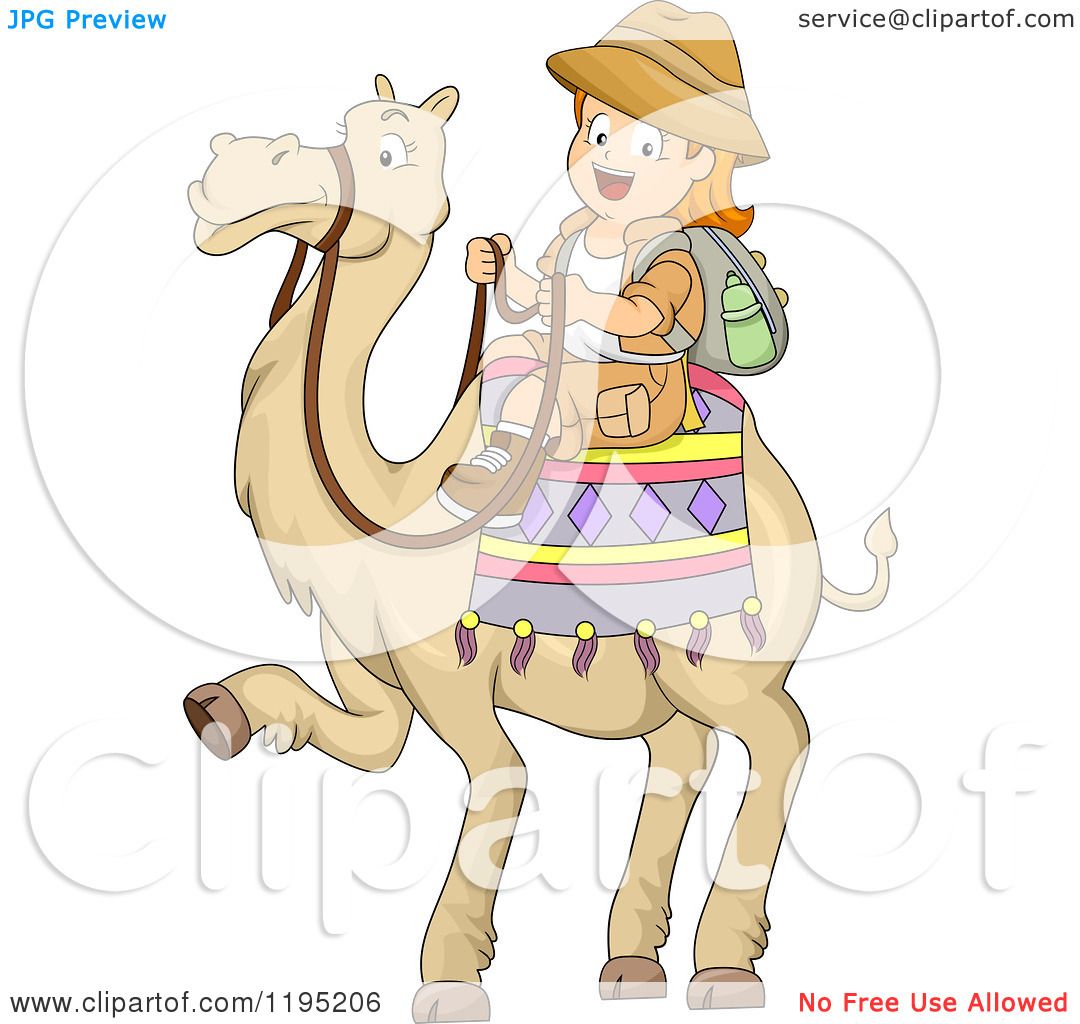 Cartoon of a Happy Red Haired Girl Riding a Camel - Royalty Free Vector