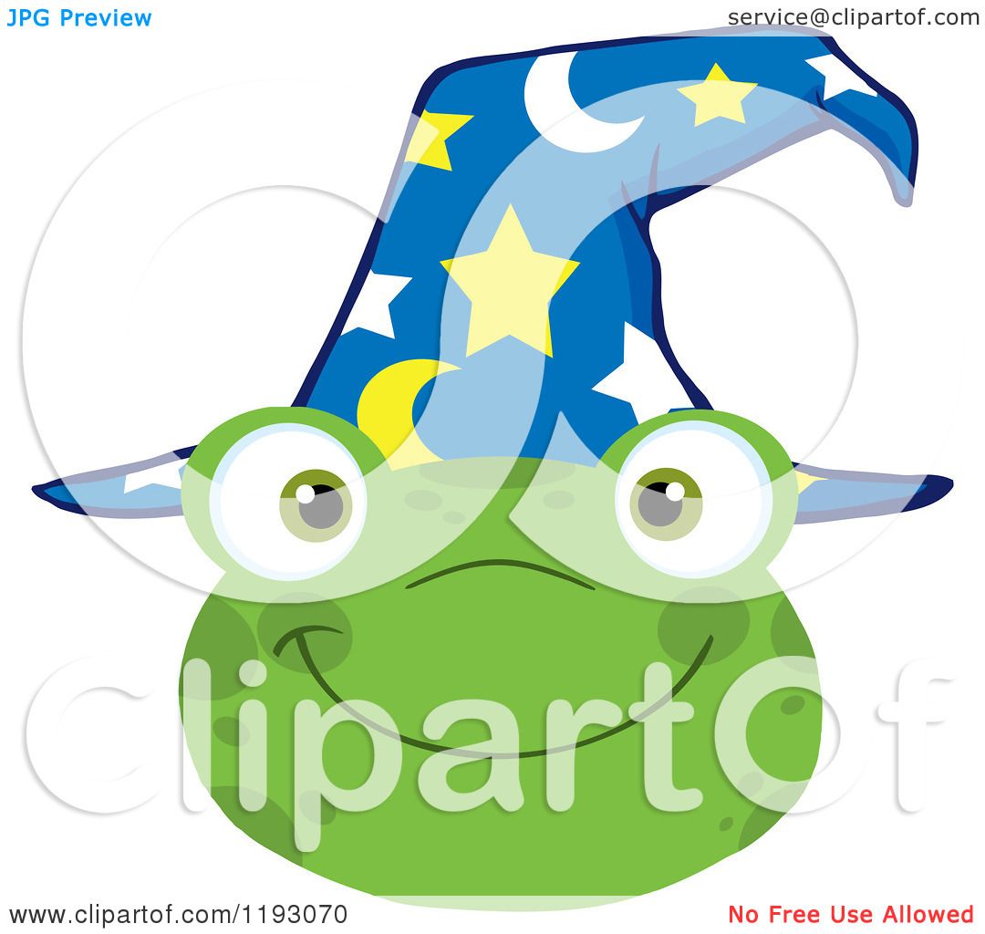 Cartoon of a Happy Wizard Frog Face with a Hat - Royalty Free Vector