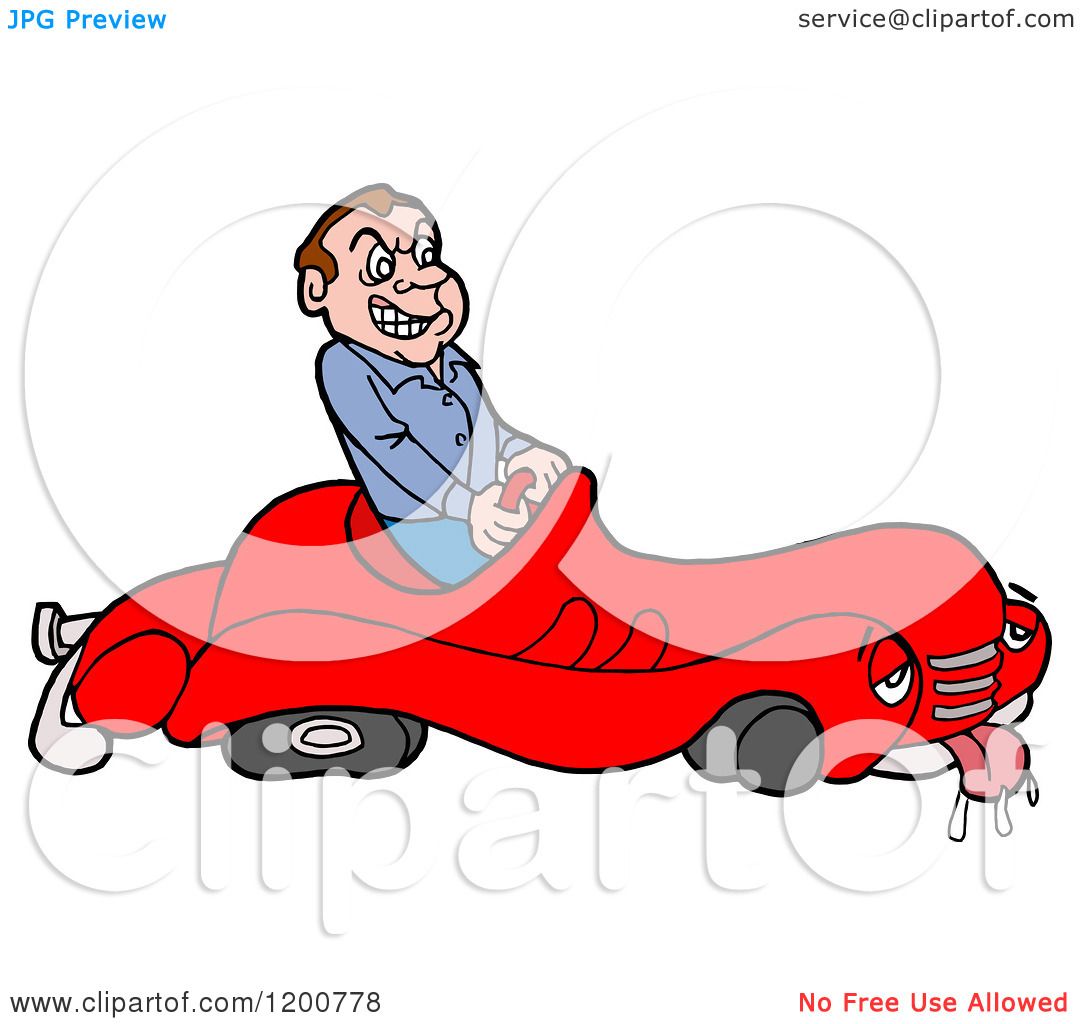 Cartoon Of A Mad Male Driver In A Sick Broken Down Car