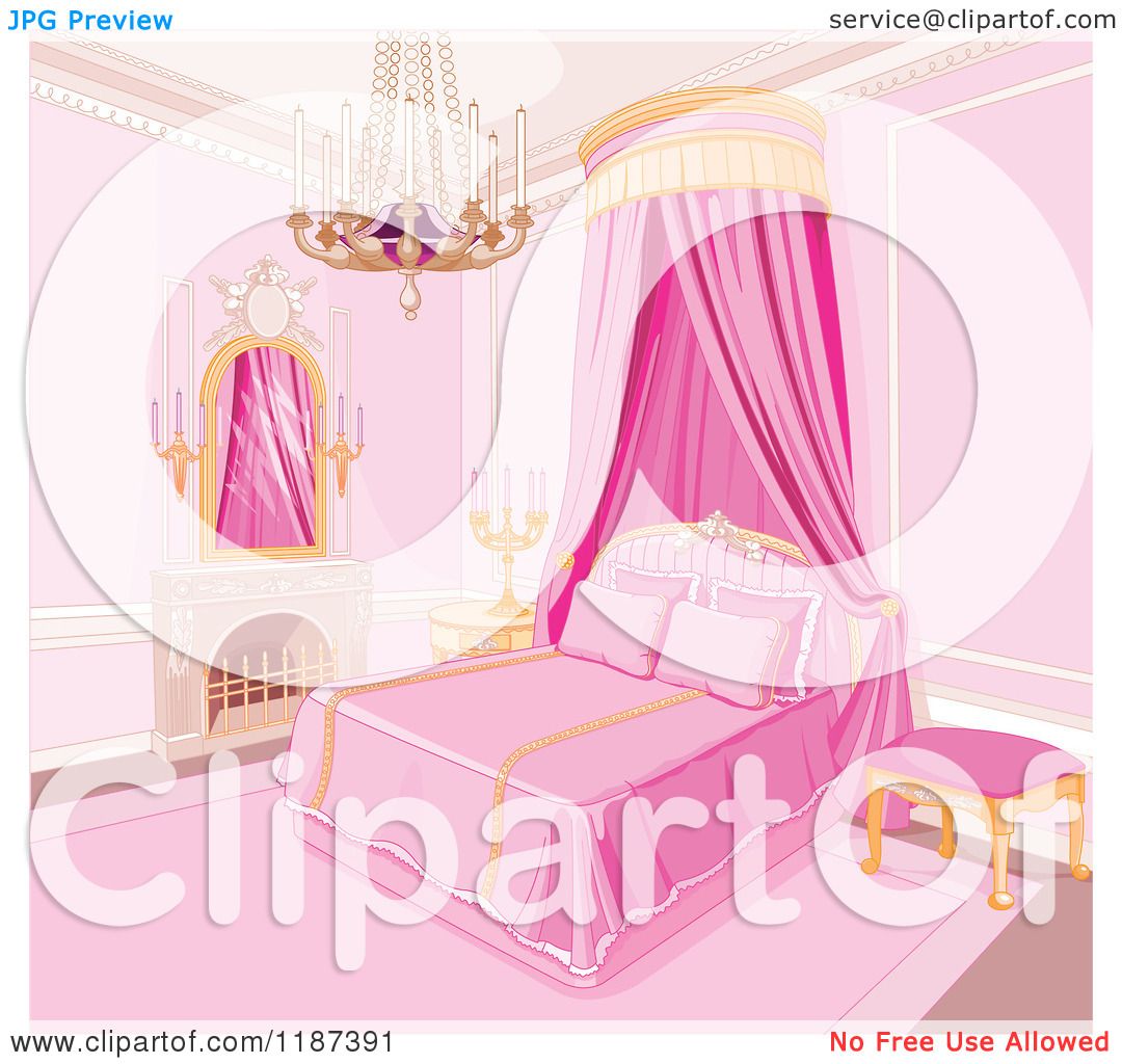 Cartoon of a Pink Princess Bedroom with a Fireplace Chandelier and Bed ...