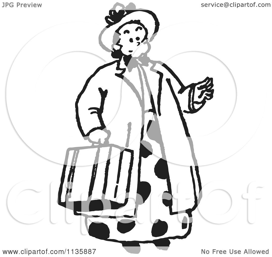 Cartoon Of A Retro Vintage Lady Carrying A Suitcase In