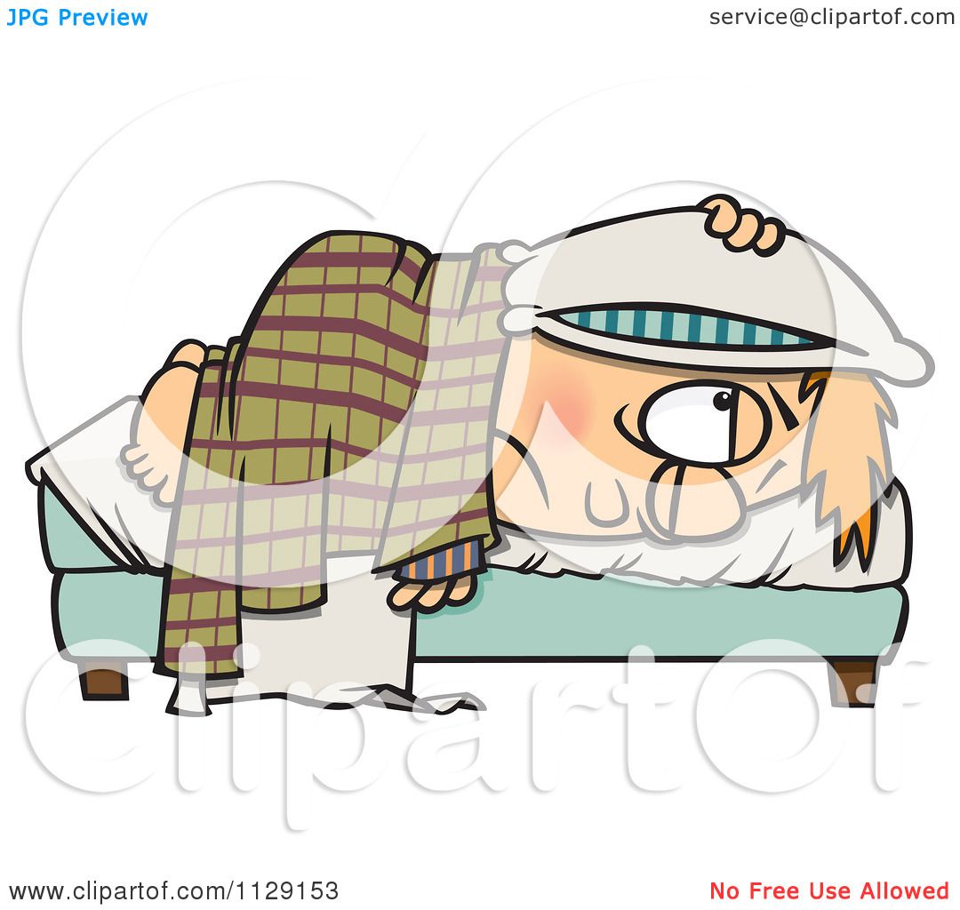 ... Lying In Bed With A Pillow Over His Head - Royalty Free Vector Clipart