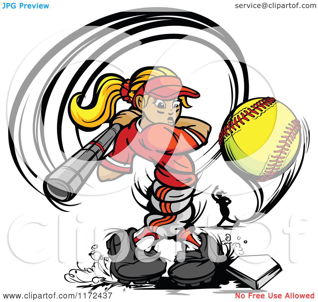 Cartoon of a Twisted Softball Player Girl Swinging at a Ball with a