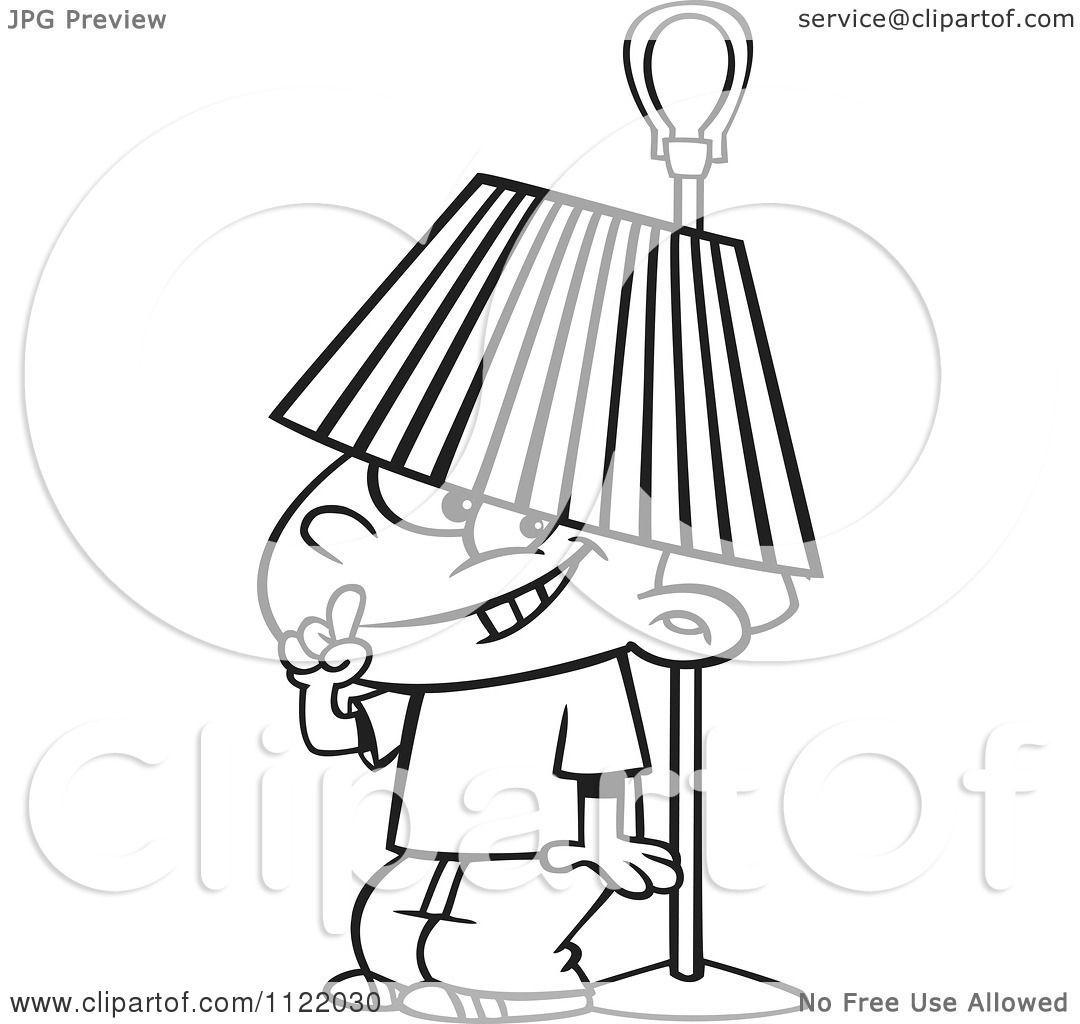 Cartoon Of An Outlined Boy Hiding Under A Lamp Shade - Royalty Free ...