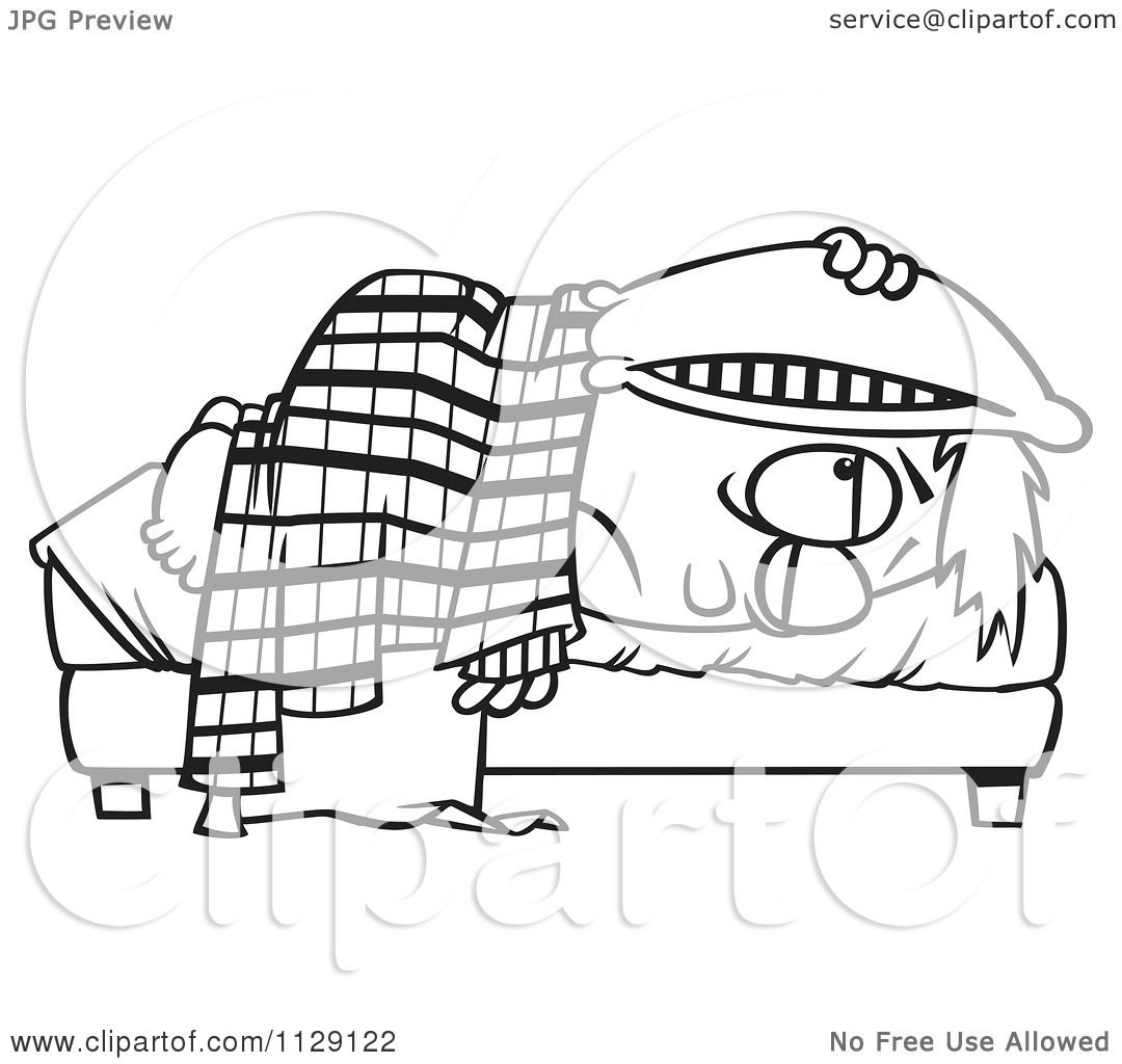 Cartoon Of An Outlined Tired Boy Lying In Bed With A Pillow Over His ...