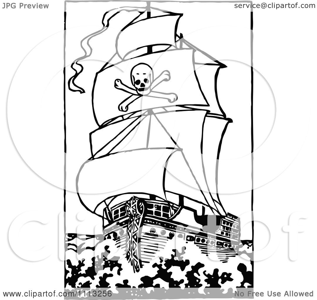 Clipart Black And White Pirate Ship 2 - Royalty Free Vector