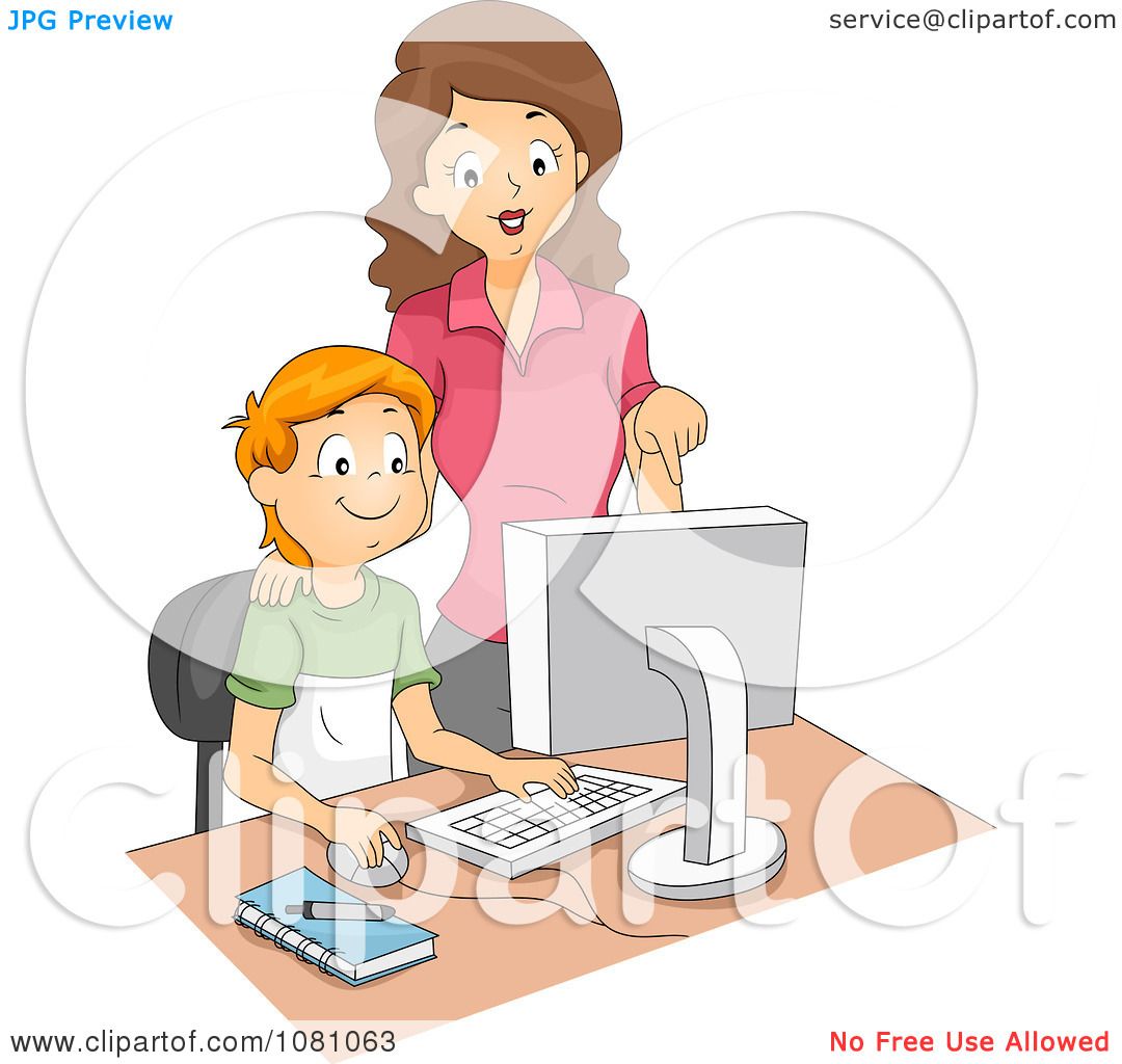 Clipart Computer Teacher Supervising A School Boy - Royalty Free Vector