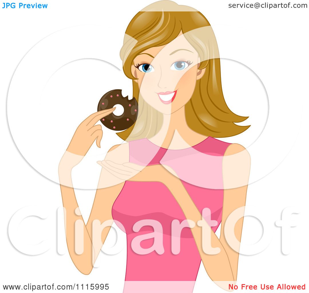 Clipart Happy Blond Woman Eating A Chocolate Donut