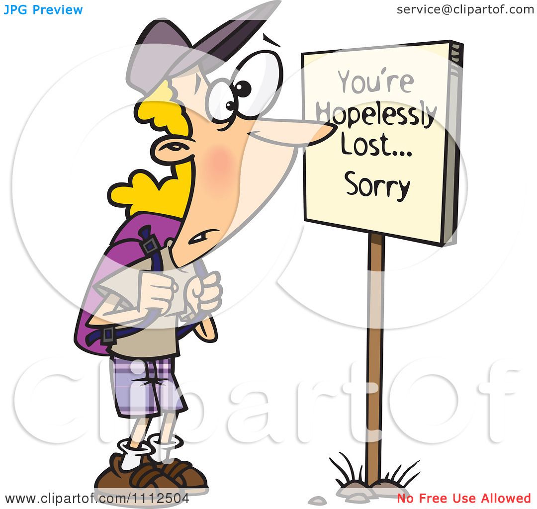 Clipart Hiker At A Youre Hopelessly Lost Sorry Sign Royalty Free