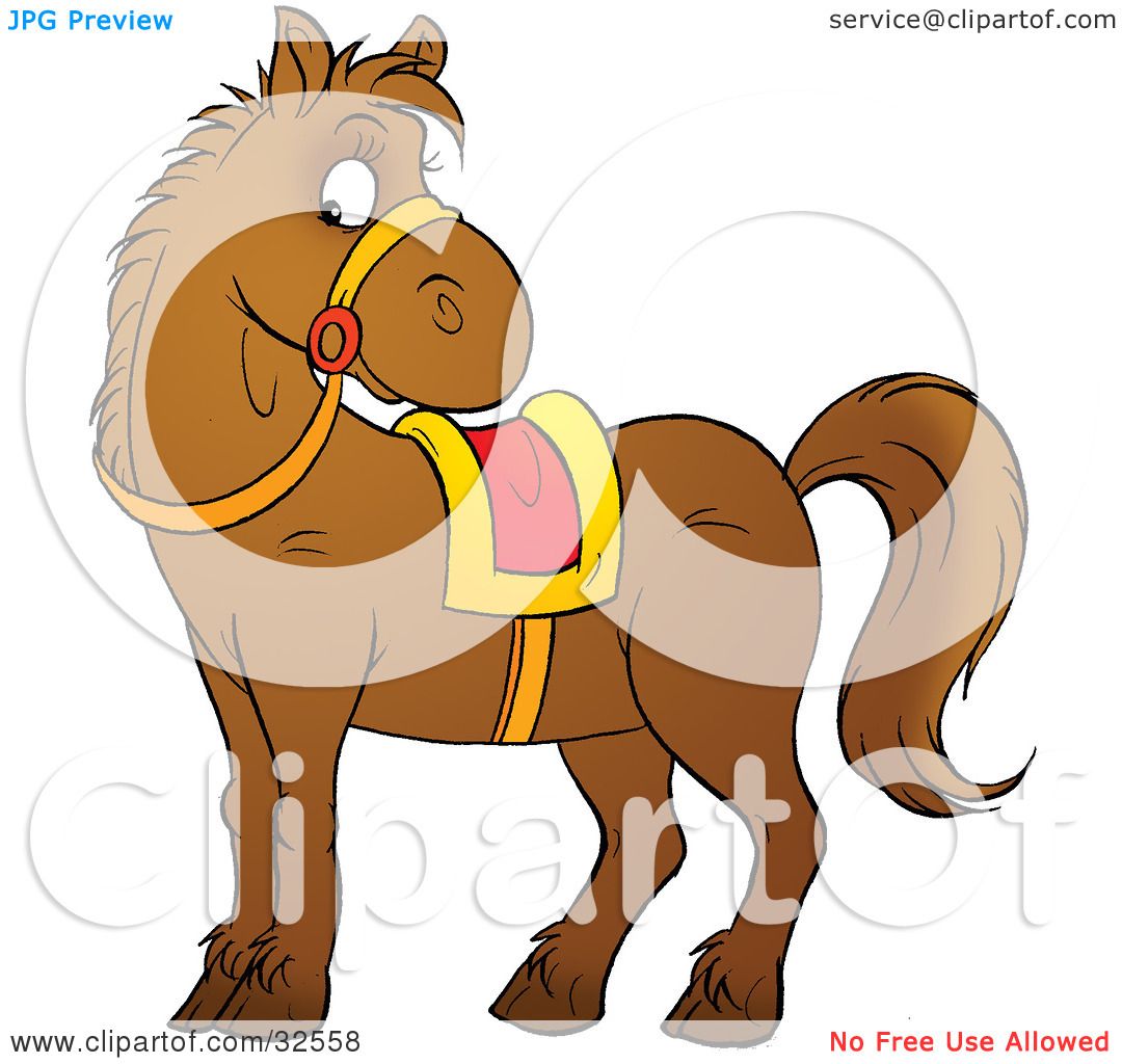 Clipart Illustration Of A Brown Pony Wearing Reins And A Yellow And Red