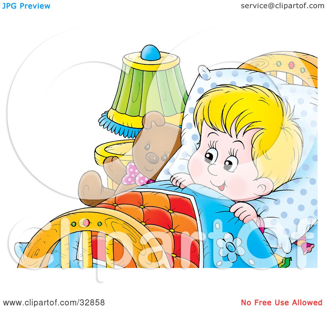 Clipart Illustration of a Happy Boy Tucked In Bed With His Teddy Bear ...