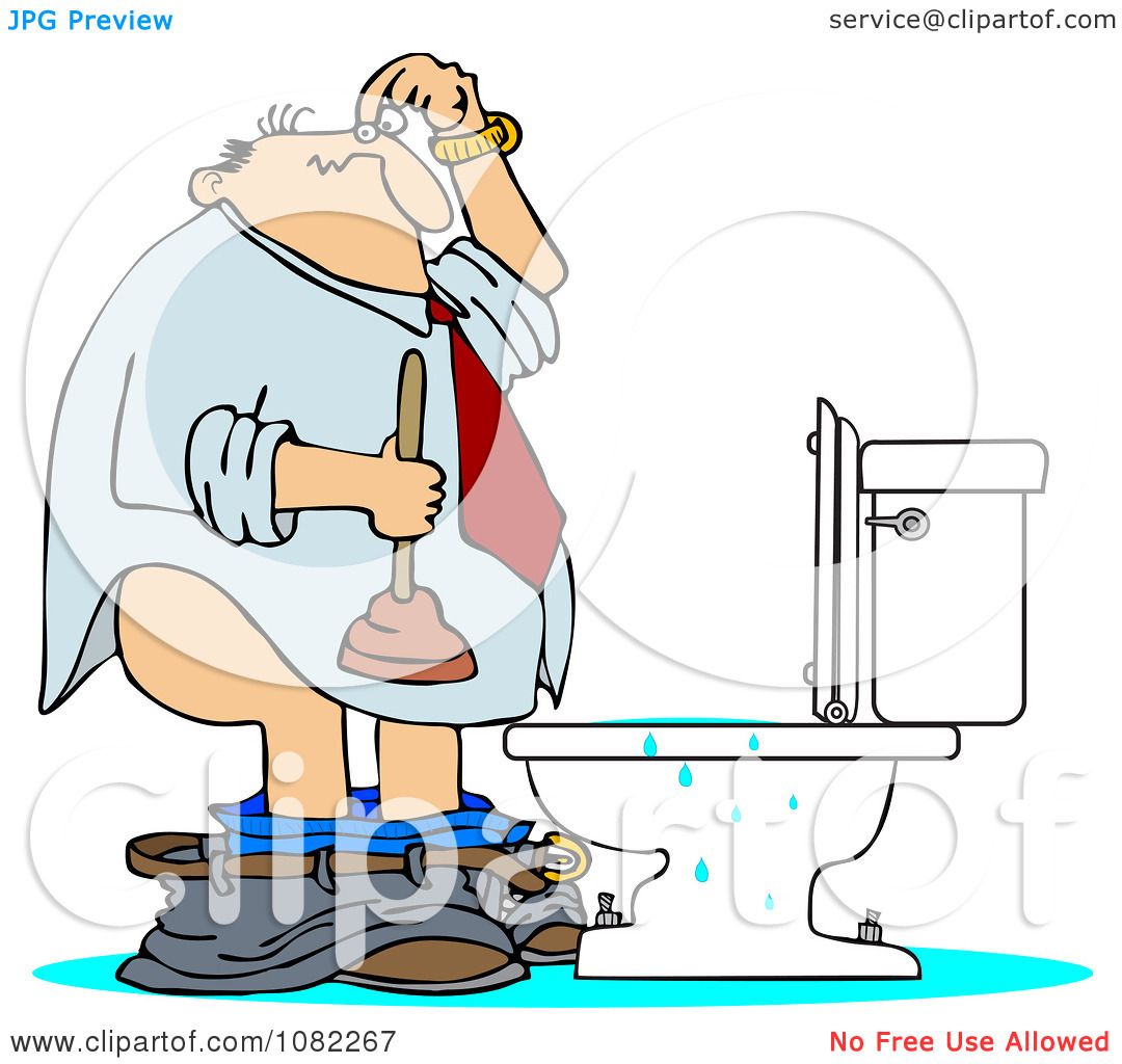 Clipart Man With A Plunger Over A Clogged Toilet - Royalty ...