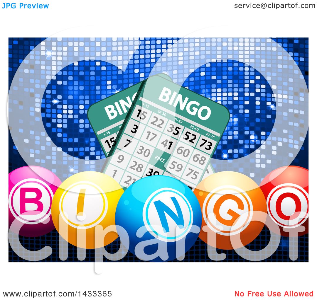 Clipart Of D Colorful Bingo Balls And Cards Over Blue Mosaic Royalty