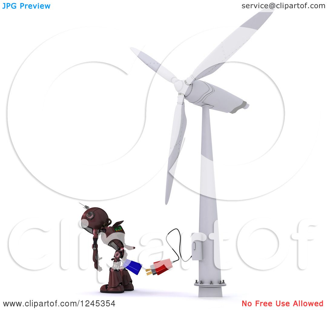 Clipart of a 3d Red Robot and Plug at a Wind Turbine - Royalty Free 
