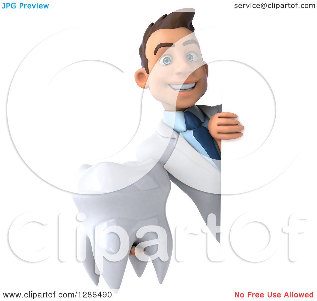 Clipart of a 3d Young Brunette White Male Doctor or Dentist Holding a