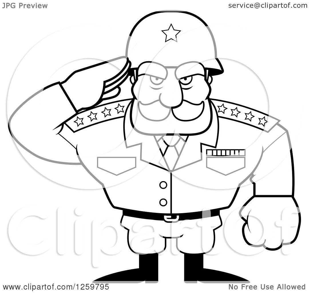 Army Drawing Pictures Clipart of a Black and White Army General Man Saluting Lineart Drawing - Royalty Free Vector Illustration by Cory Thoman