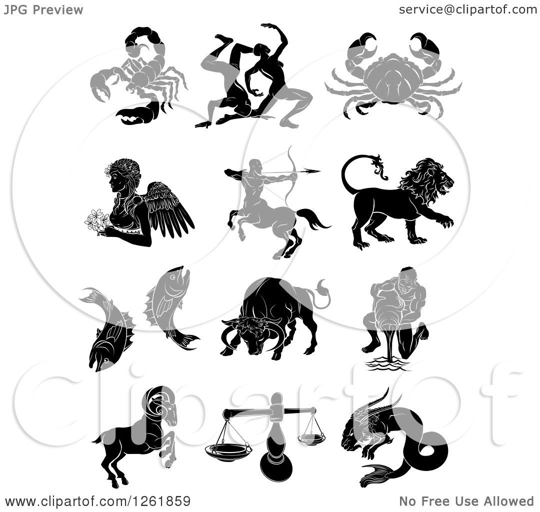 Clipart Of A Black And White Astrology Zodiac Animals And Symbols Royalty Free Vector Illustration 10241261859