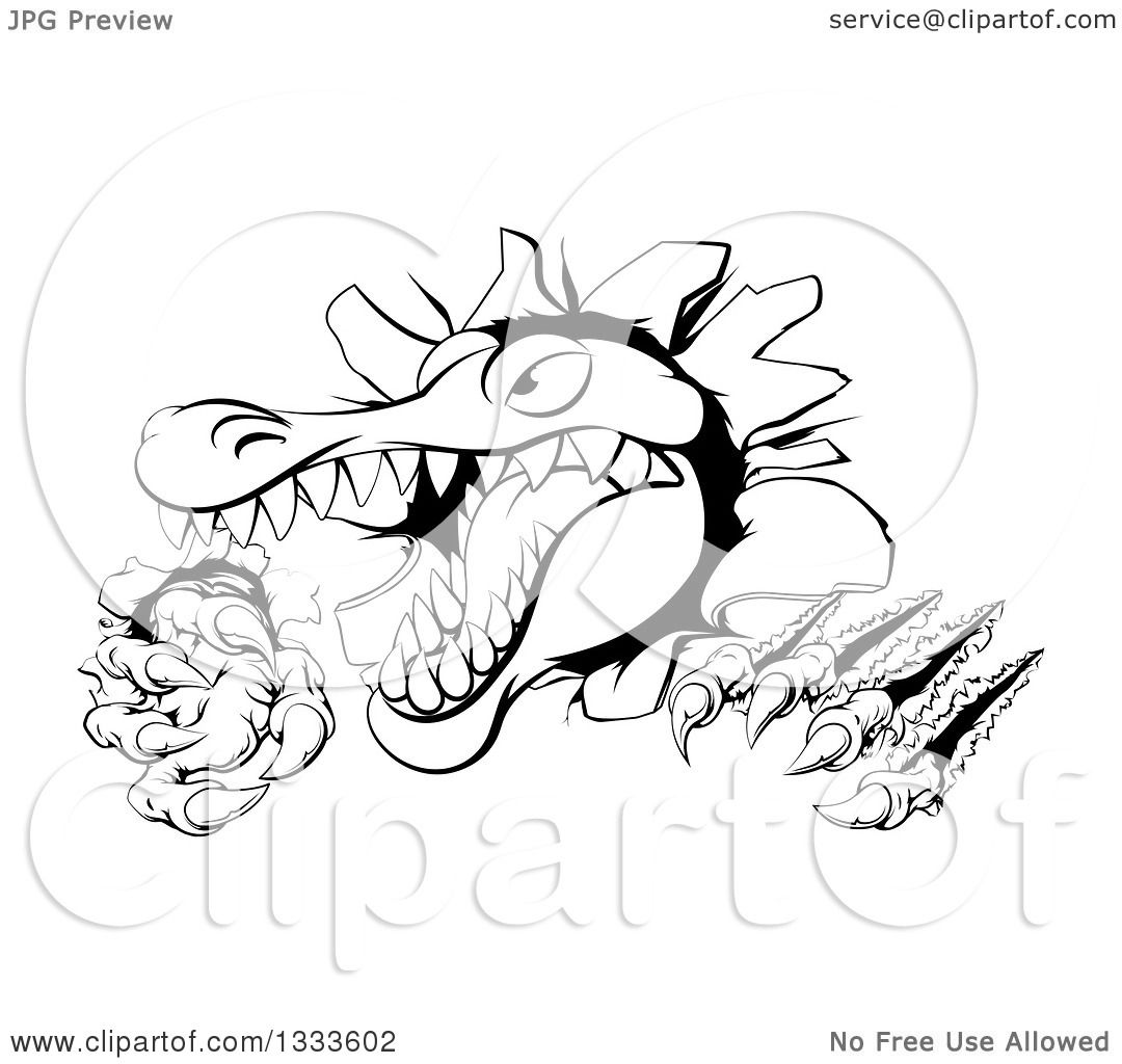 Clipart of a Black and White Cartoon Vicious Alligator or ...