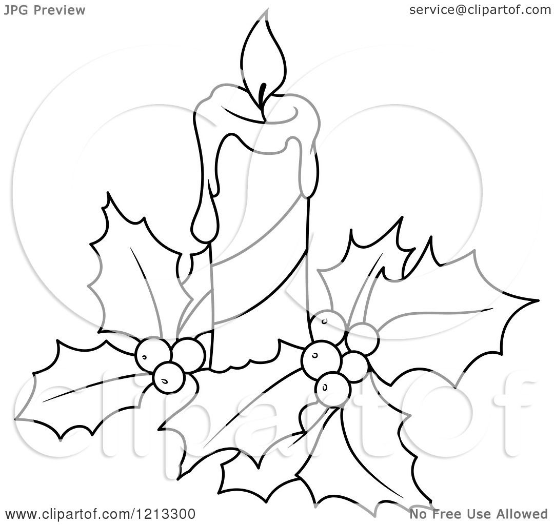 Clipart of a Black and White Christmas Candle and Holly - Royalty Free Vector Illustration by ...