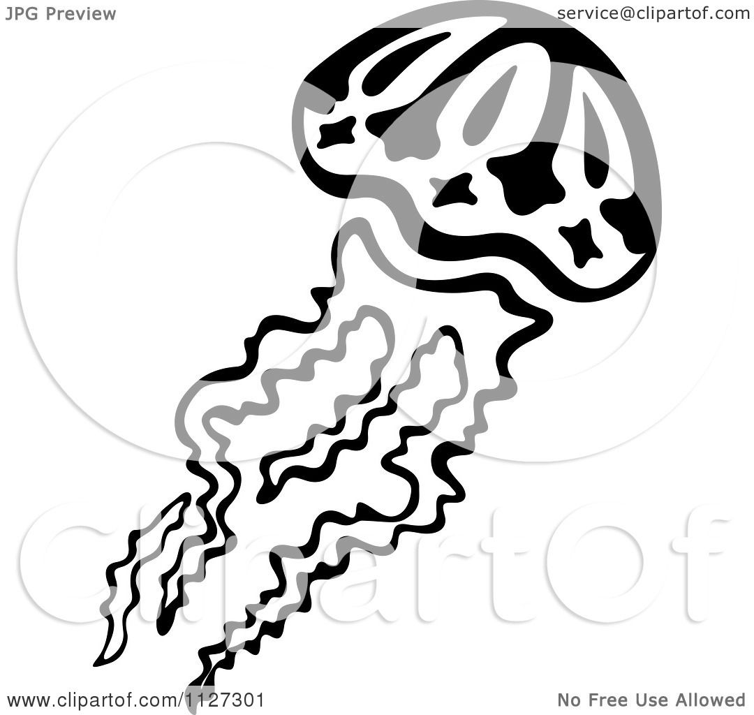 Clipart Of A Black And White Jellyfish 6 - Royalty Free Vector