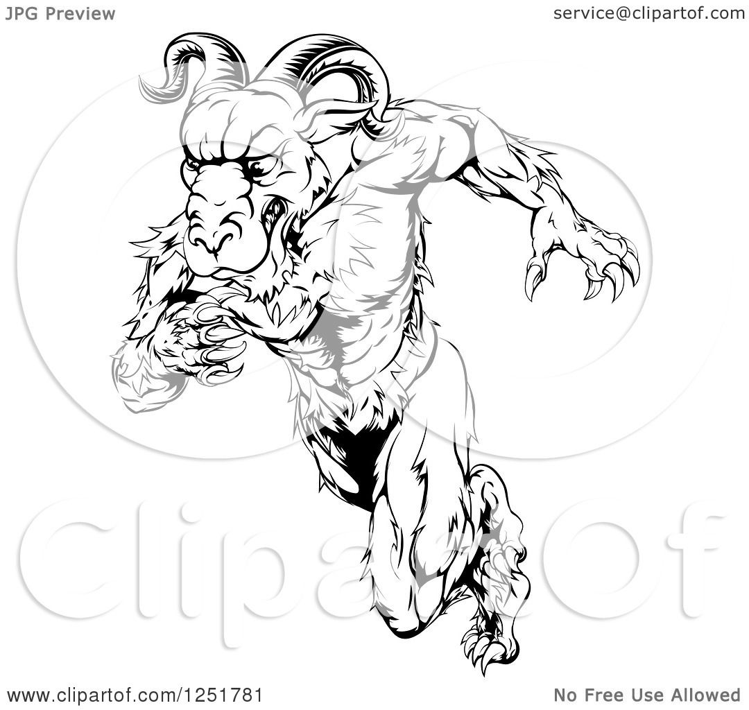 Clipart of a Black and White Muscular Ram Running Upright - Royalty