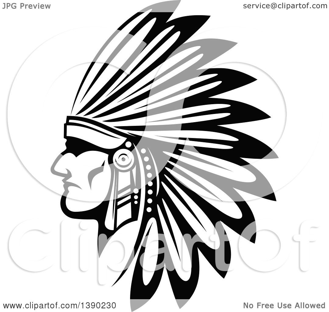 Clipart of a Black and White Profiled Native American ...