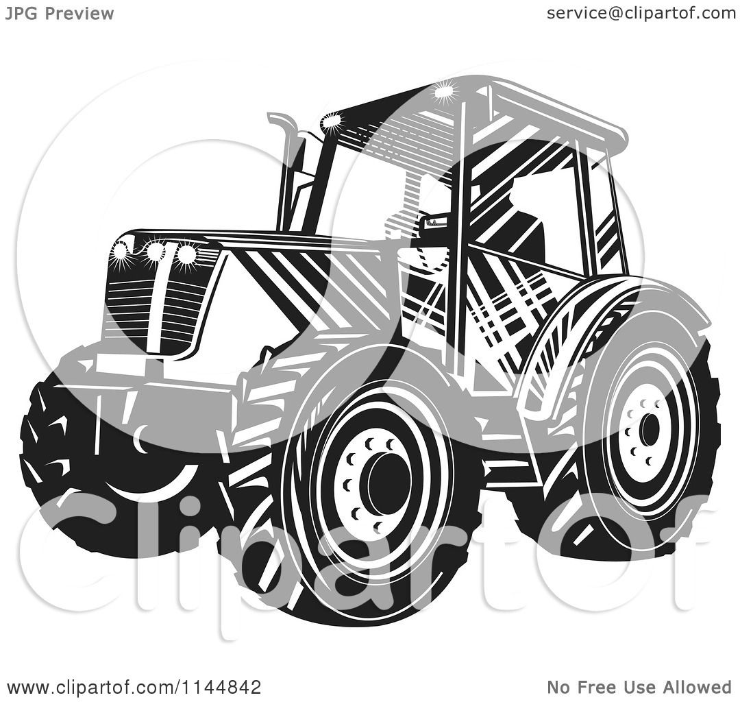 Clipart of a Black and White Tractor - Royalty Free Vector Illustration