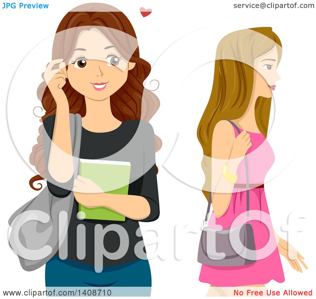 Clipart Of A Brunette Caucasian Teen Girl With A Crush On Another Girl Royalty Free Vector