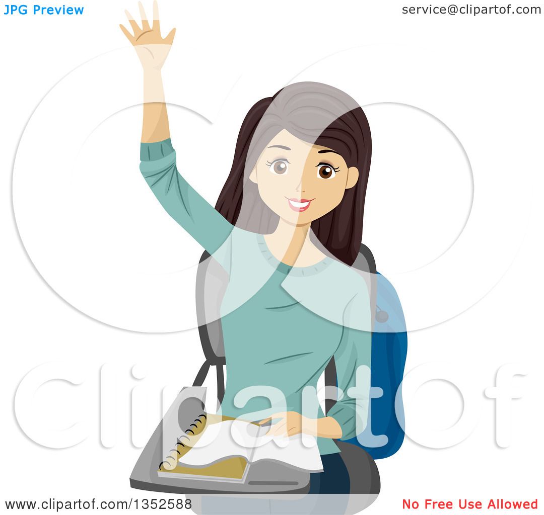 Clipart Of A Brunette Caucasian Teenage Girl Raising Her Hand At Her Desk Royalty Free Vector