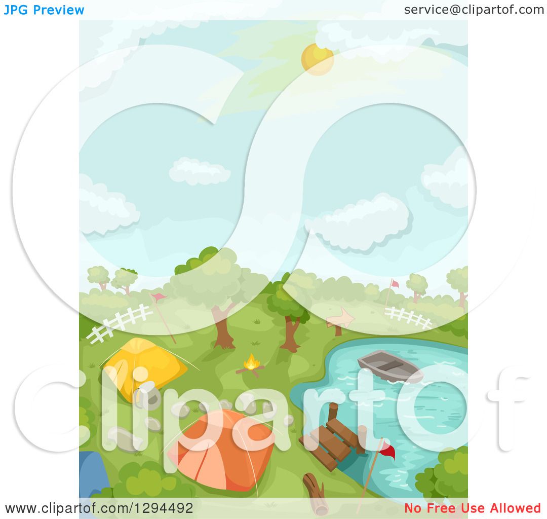 Clipart of a Camp Ground, Dock and Boat at a Lake or Pond - Royalty 
