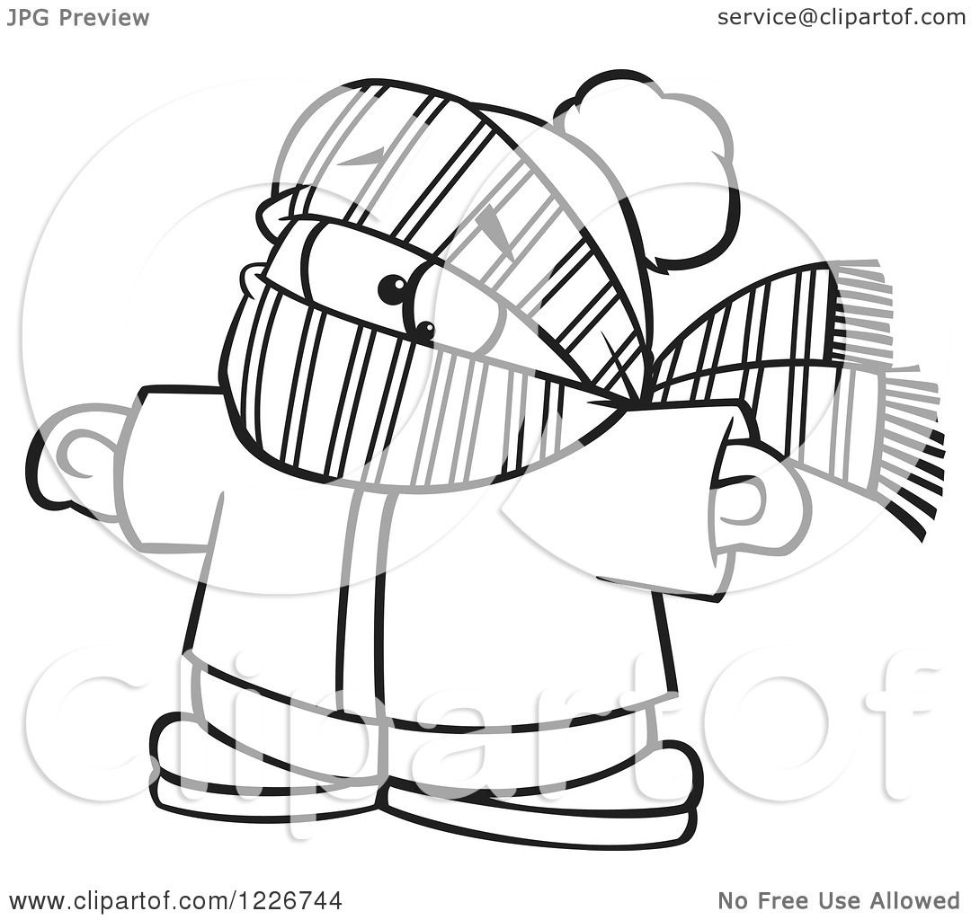 Clipart of a Cartoon Black and White Boy Bundled in Winter Apparel