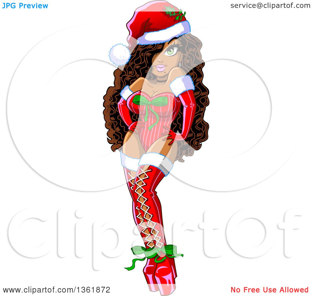 Clipart Of A Cartoon Black Christmas Pinup Woman Posing In A Sexy Santa