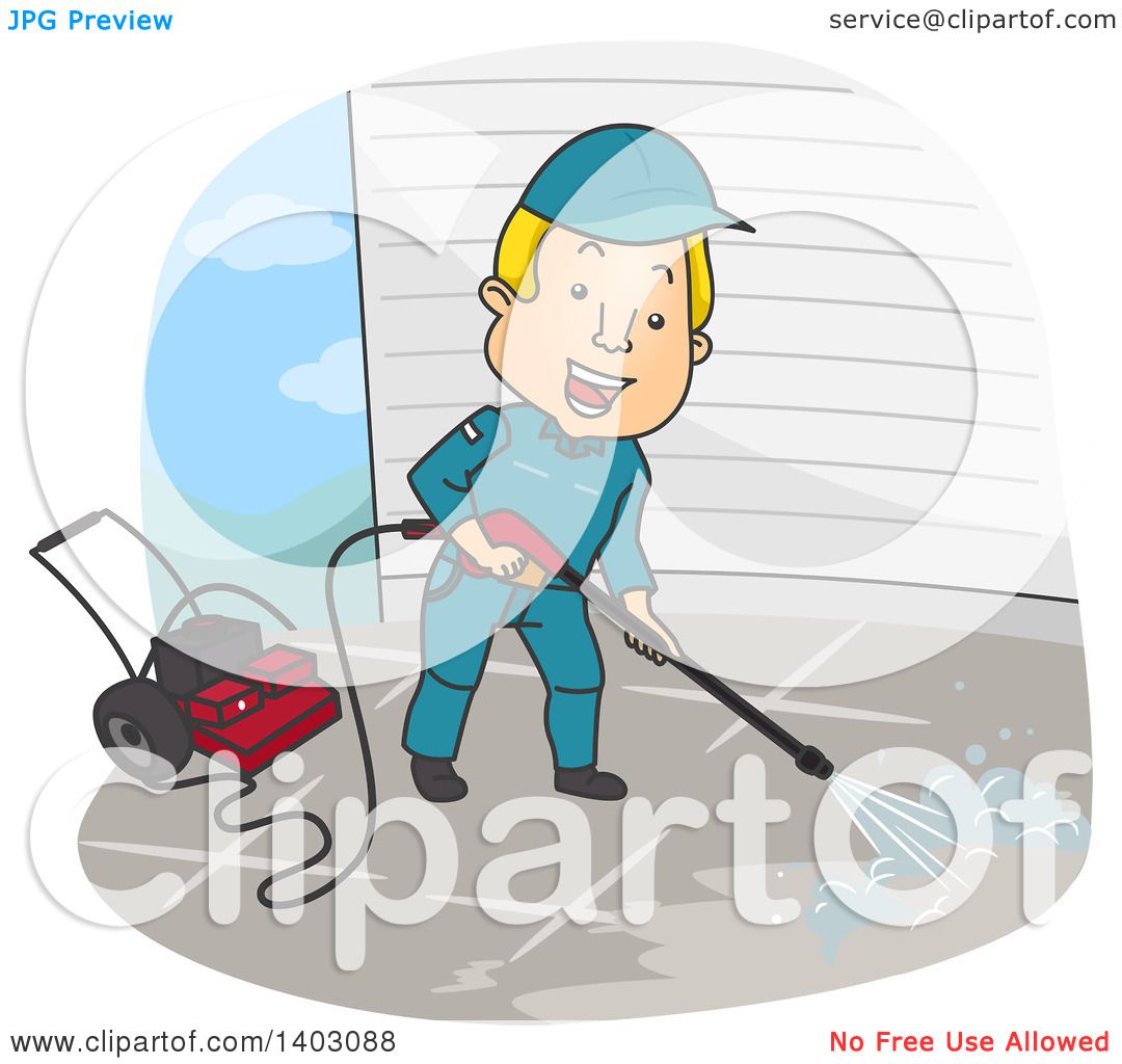 Clipart of a Cartoon Blond White Man Pressure Washing