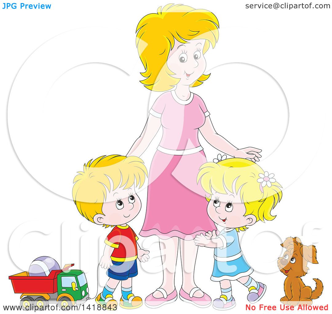 Clipart Of A Cartoon Caucasian Mother With Her Son And Daugh