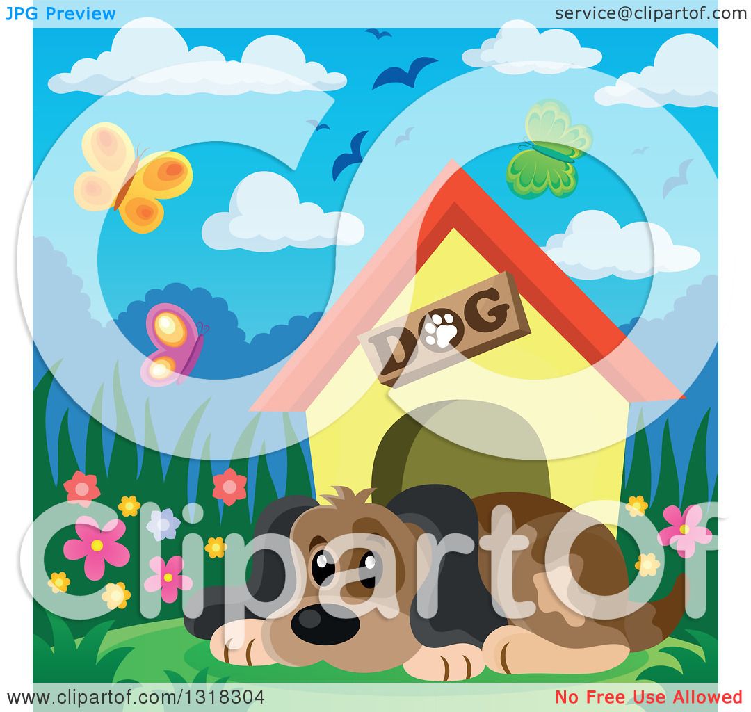 Clipart of a Cartoon Dog Resting by His House on a Spring ...
