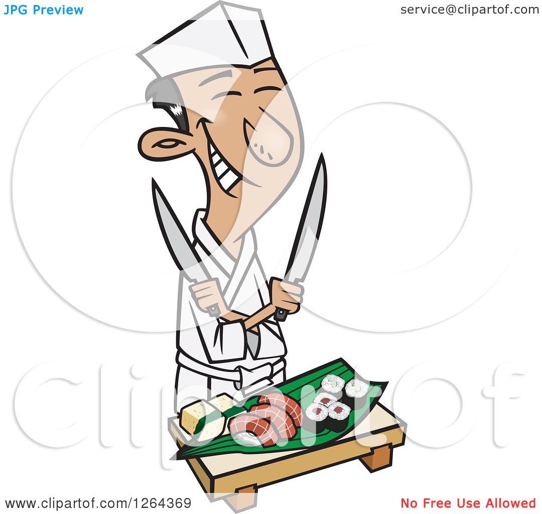 Clipart of a Cartoon Happy Japanese Male Chef Holding Knives over Sushi