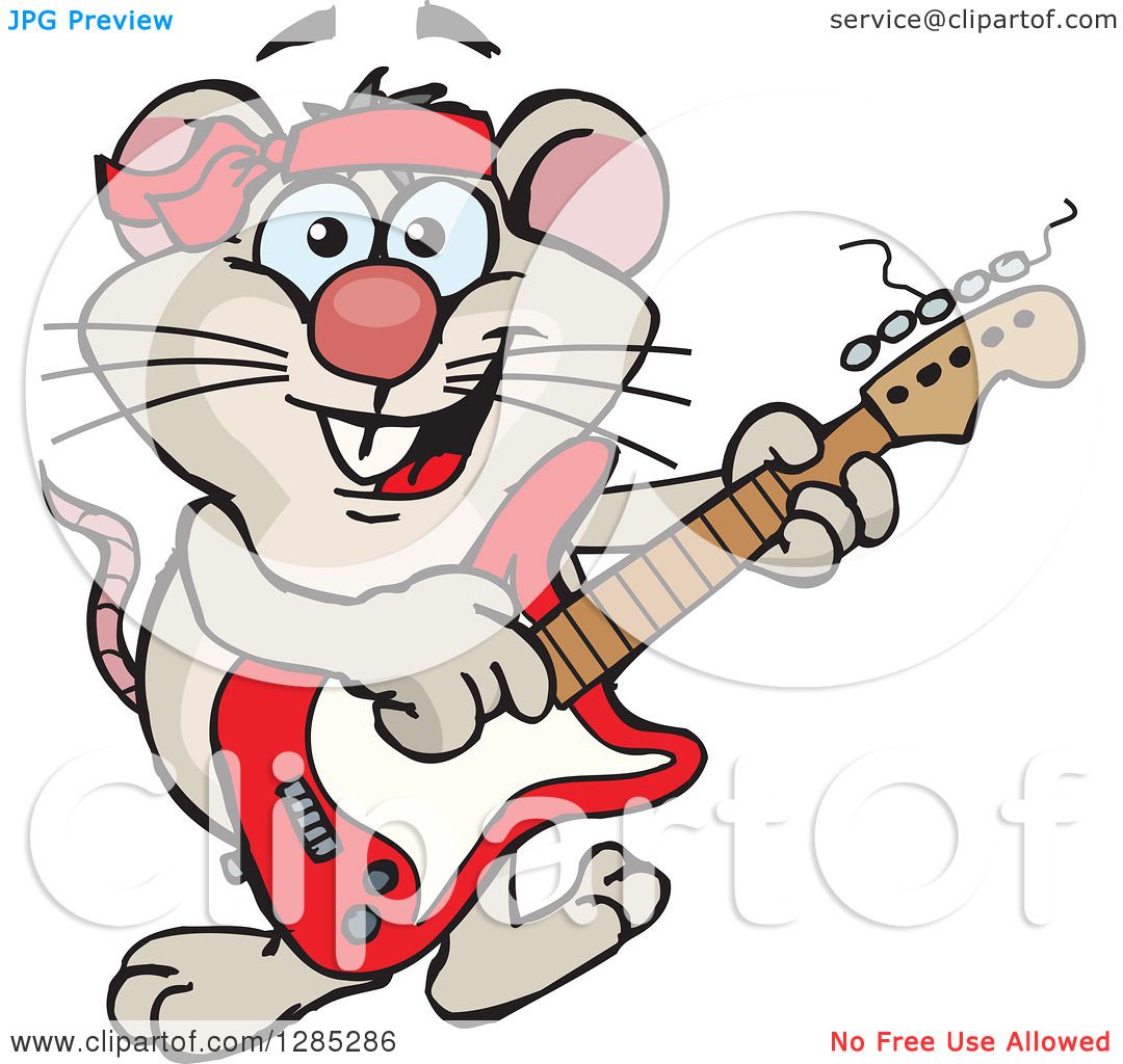 Clipart Of A Cartoon Happy Mouse Playing An Electric Guitar Royalty