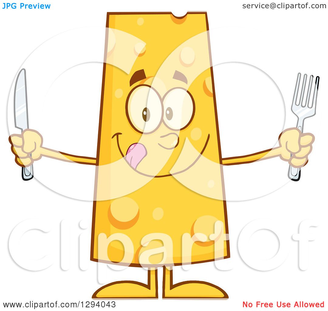 Clipart of a Cartoon Hungry Cheese Character Holding a Knife and Fork